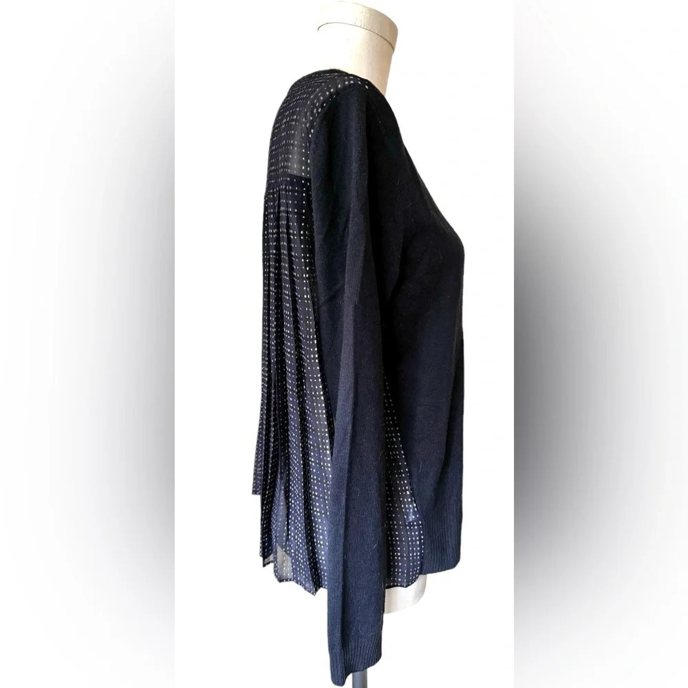 LOFT Mixed Media Pleated Chiffon Sweater, Navy blue plaid, size medium - Picture 6 of 13